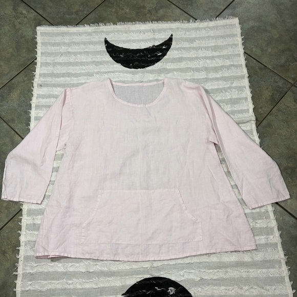 Women’s Pink 3/4 Sleeved Blouse Shirt Top 100% Linen Made USA PtP 23” Lagenlook - Picture 7 of 12